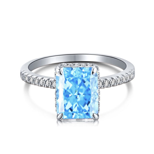 Silver & Simulated Diamond Blue Emerald Cut Ring