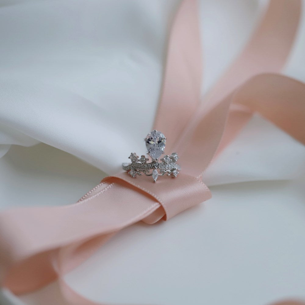 Silver & Simulated Diamond Pear Crown Ring