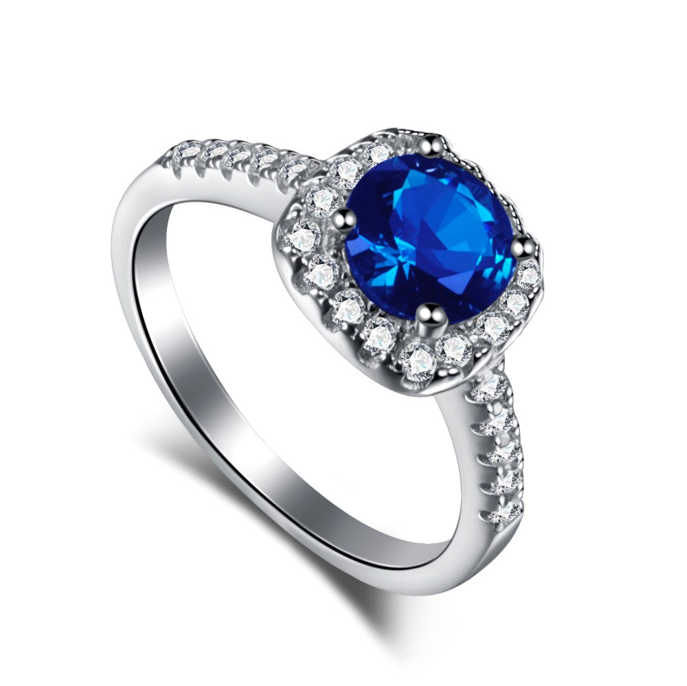 Silver Blue Crystal Cushion Halo Ring