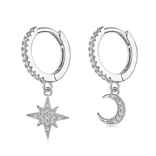 Star and Moon Hoops in White Gold