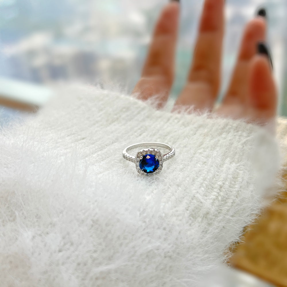 Silver Blue Crystal Cushion Halo Ring