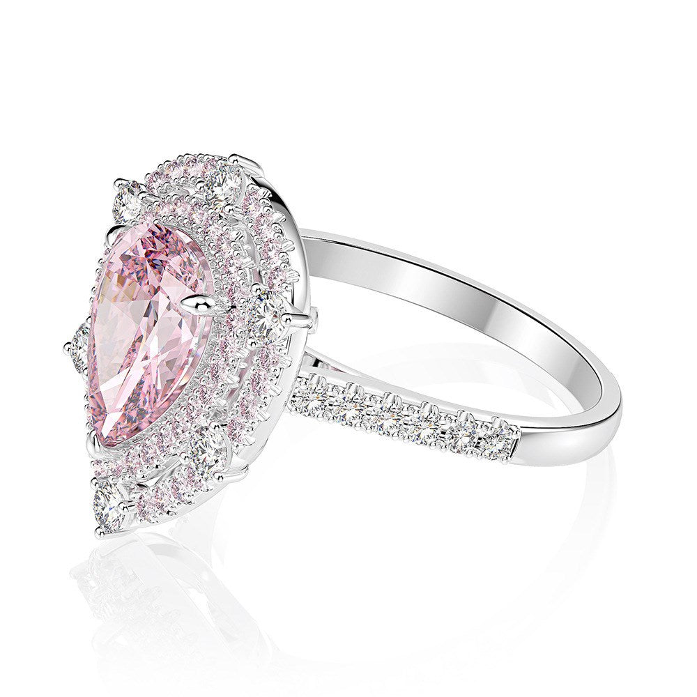 Silver & Simulated Diamond Pink Halo Pear Ring