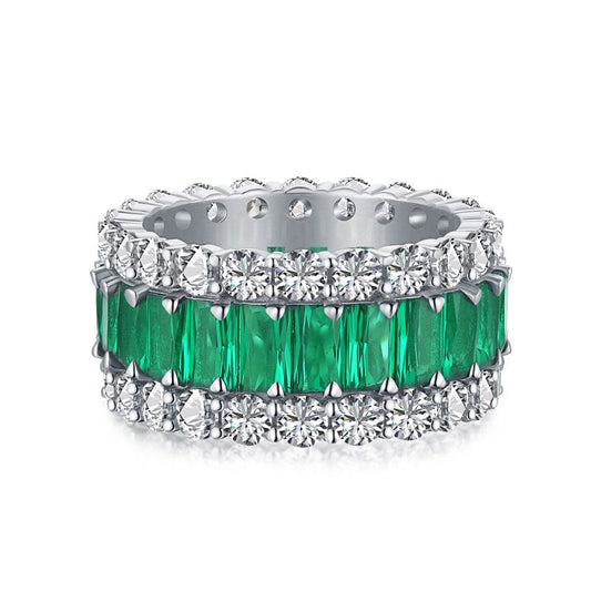 Silver Triple Eternity Simulated Emerald Ring