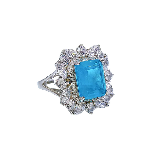 Silver & Simulated Diamond Paraiba Halo Ring