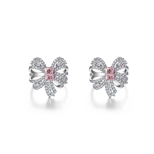 Silver & Simulated Diamond Paraiba Bowtie Pink Emerald Studs