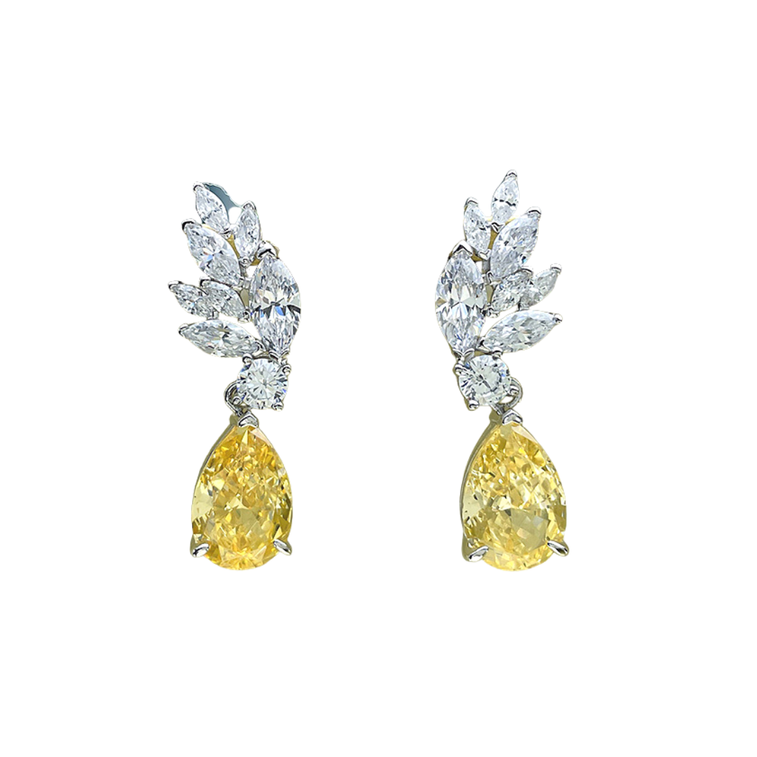 Silver & Simulated Diamonds Hanging Yellow Pear Earrings