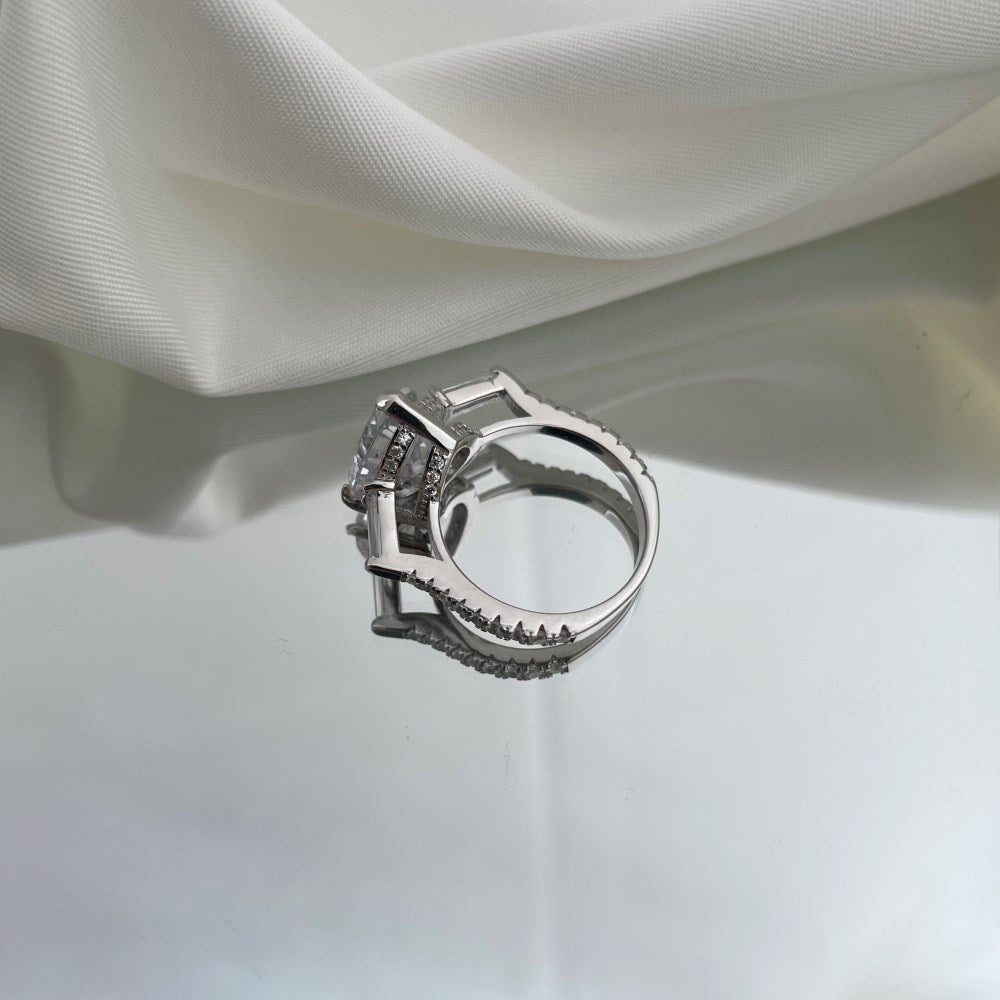 Silver & Simulated Diamond Heart Cut Baguette Ring
