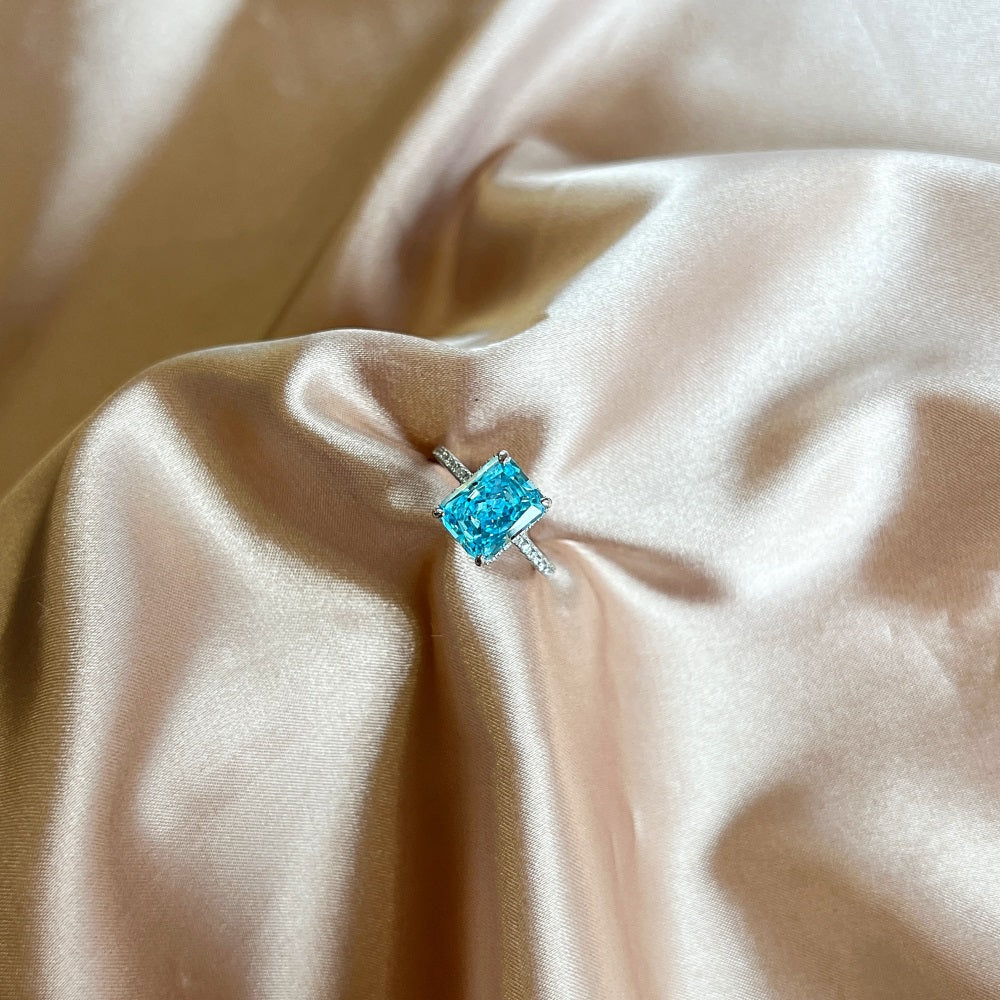 Silver & Simulated Diamond Blue Emerald Cut Ring