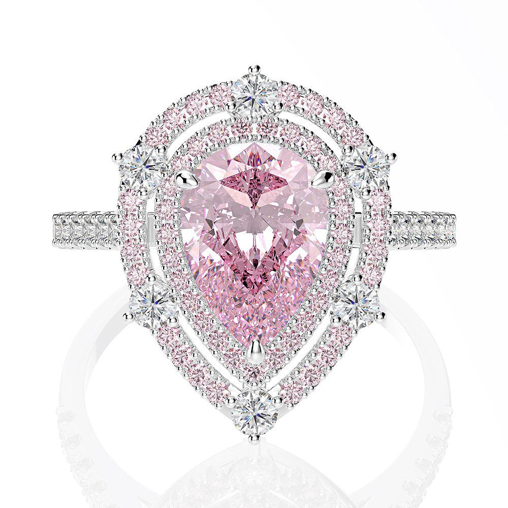 Silver & Simulated Diamond Pink Halo Pear Ring