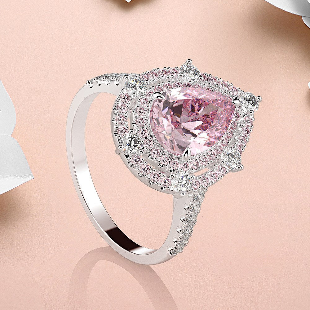 Silver & Simulated Diamond Pink Halo Pear Ring