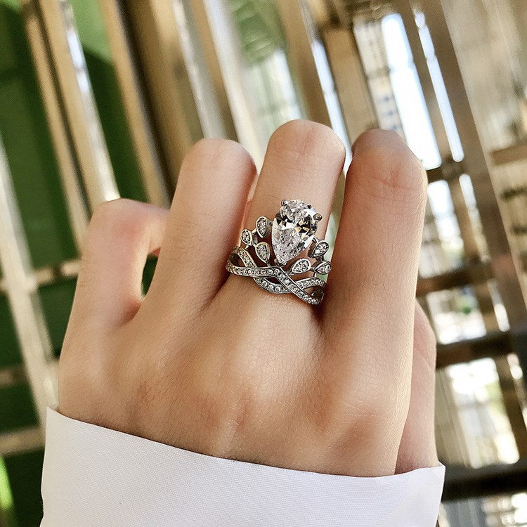 Silver Crown Pear Grand Ring
