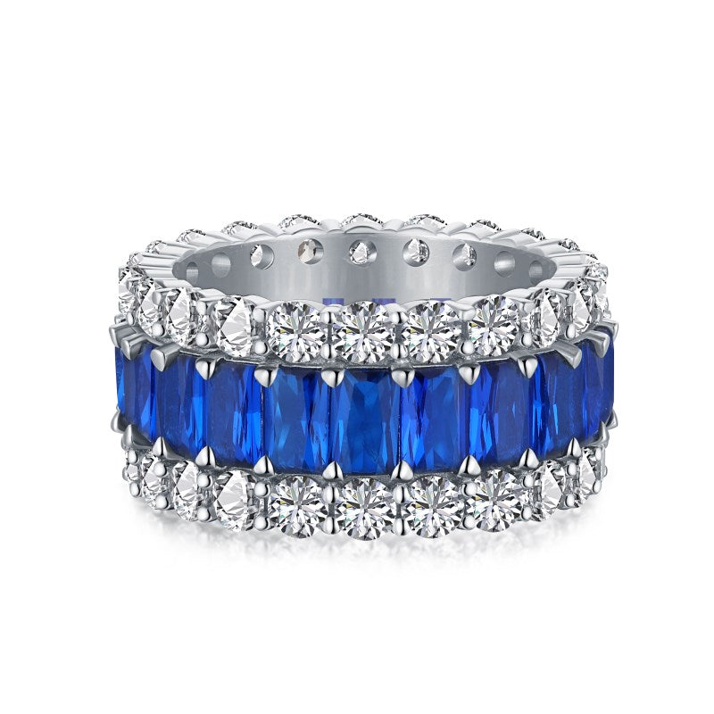 Silver & Simulated Diamond Three Layer Blue Eternity Band